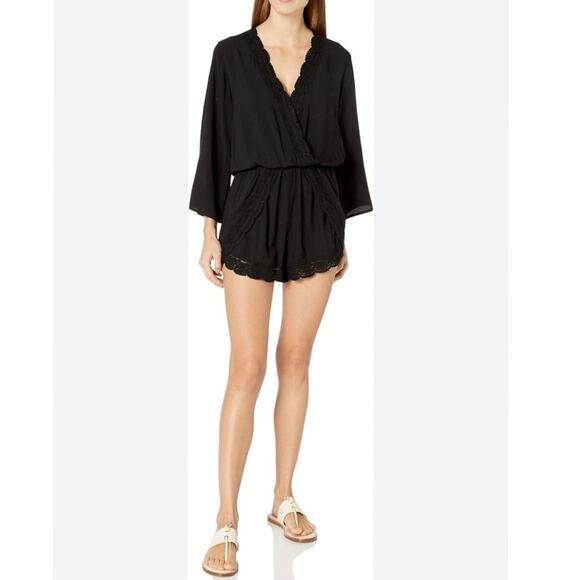 La Blanca La Costa Lace Swim Coverup V Neck Romper, Black M - Picture 2 of 7